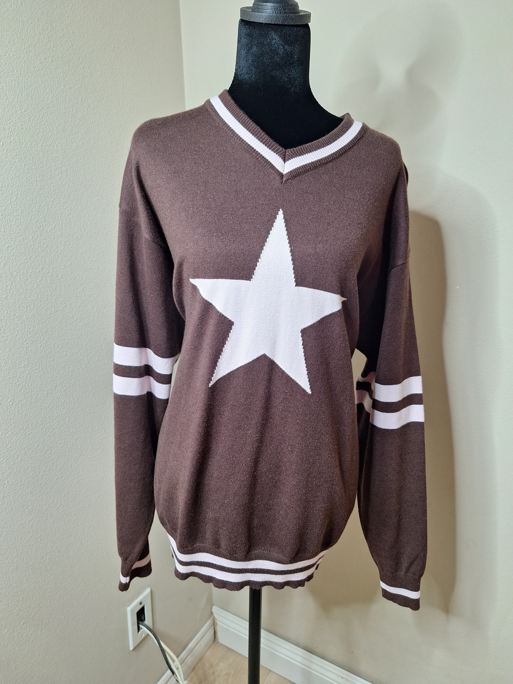Women’s Brown V-Neck Star Sweater with White Stripe Detail
